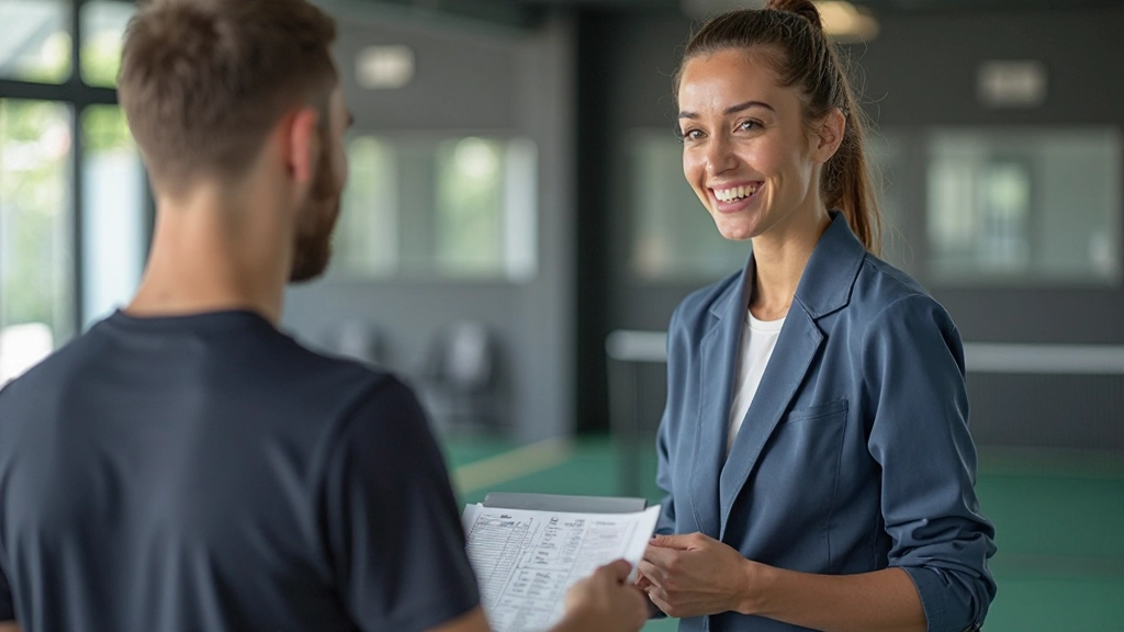 متخصص تغذية رياضية يقدم استشارات غذائية متقدمة للاعب تنس طاولة في مركز تدريب احترافي