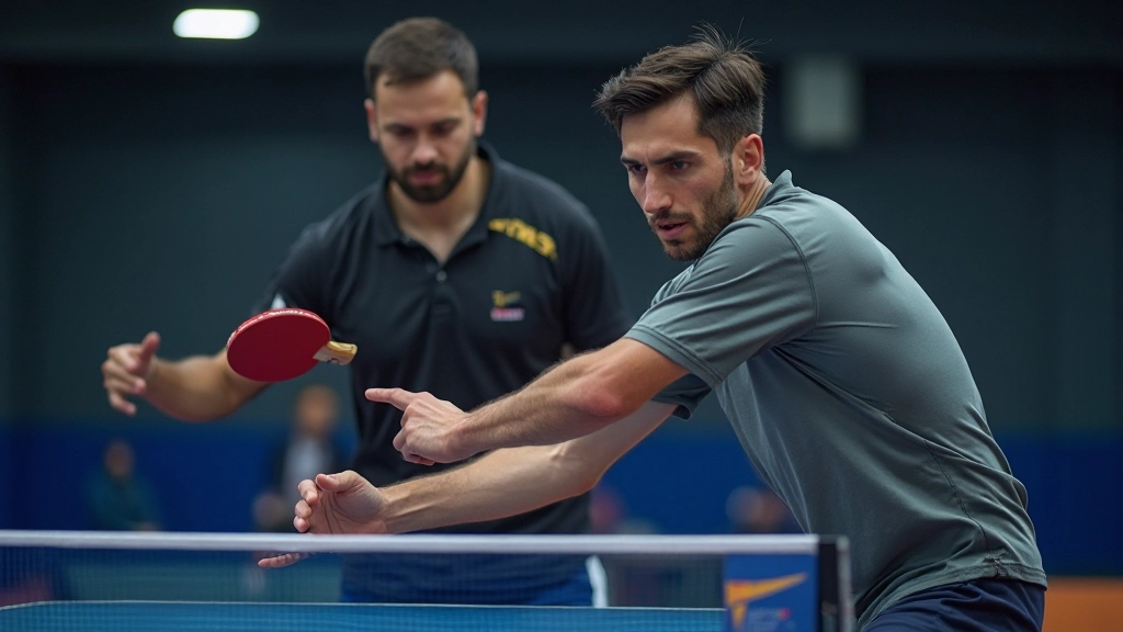 لاعب يمارس تمارين الضربة السريعة المتقدمة مع مدرب متخصص في قاعة رياضية احترافية