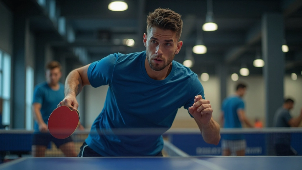 فريق من لاعبي تنس الطاولة المتقدمين يشاركون في جلسة تدريب مكثفة مع معدات احترافية