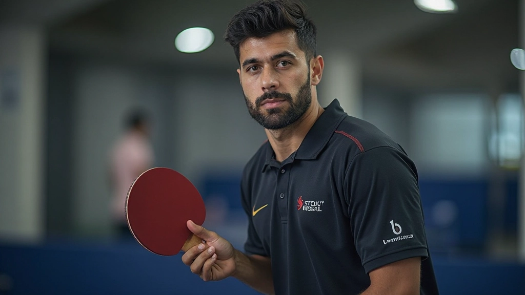 لاعب تنس طاولة محترف يقف بثقة مع معداته الشخصية المختارة بعناية