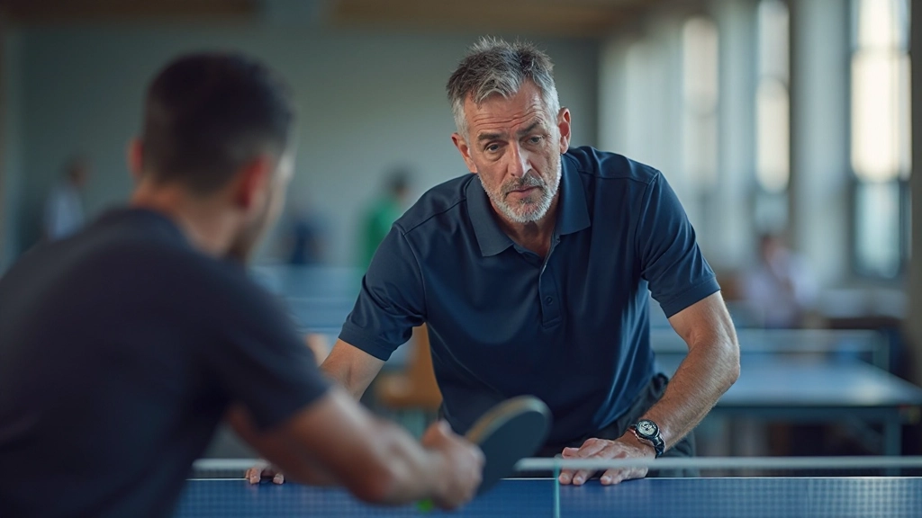 مدرب متخصص في علم النفس الرياضي يعمل مع لاعب تنس طاولة على تحسين التركيز العقلي والمهارات الذهنية